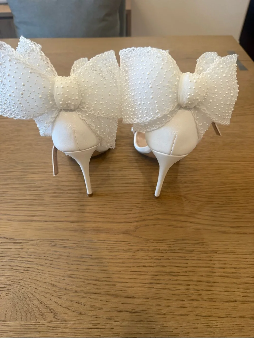 Steve Madden White Beaded Bow Ankle Strap Heels
